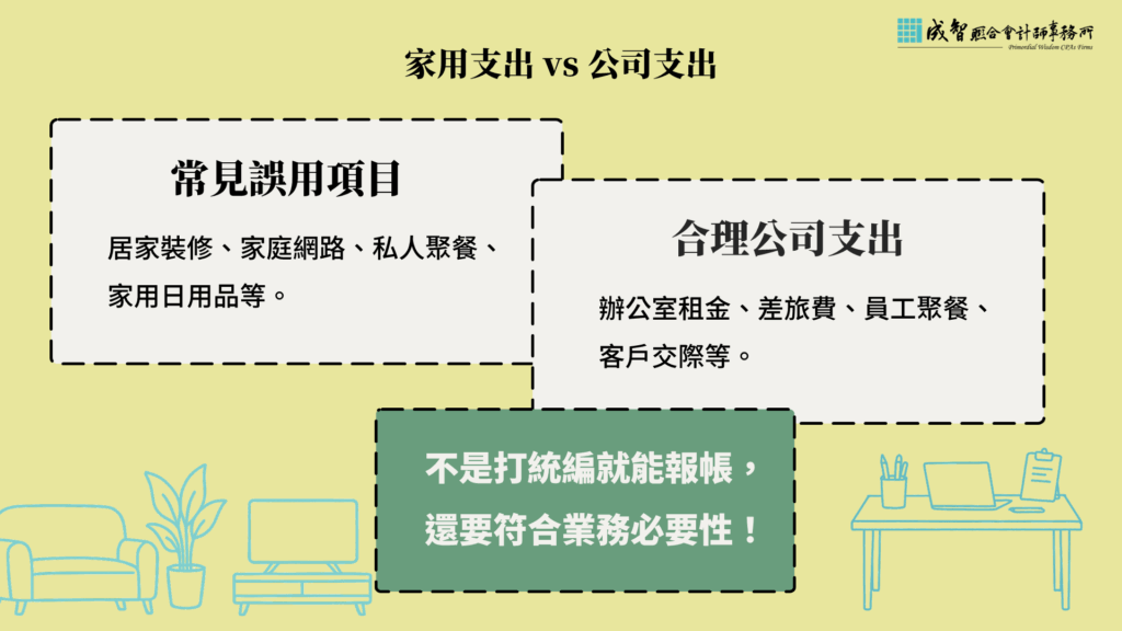 家用支出如居家整修、家庭網路、私人聚餐等,不是打統編就能報帳,須符合公司業務的必要性。